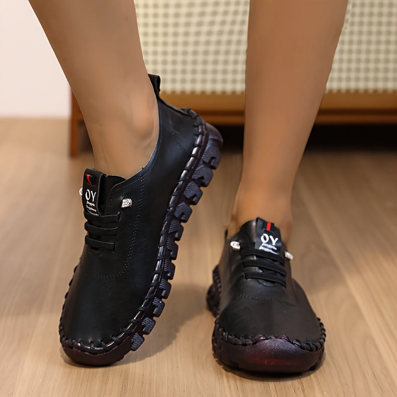 Women's All-Season Leather Loafers with Non-Slip Sole and Sparkle Detail