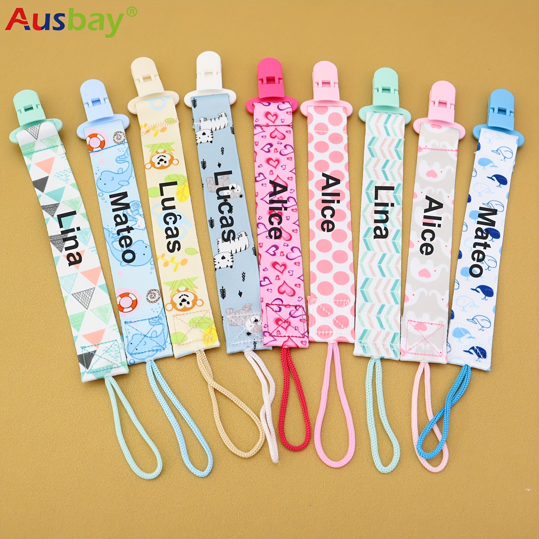 Set of 3 Personalized Baby Shower Gift Clips with Custom Names and Chain Clips