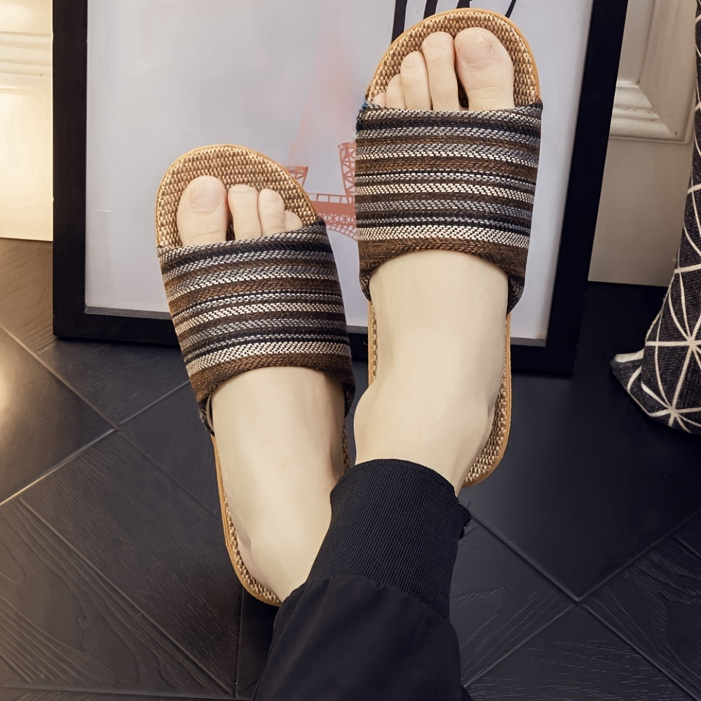 Home Slippers with Striped Pattern and Open Toe Casual Slip-On Indoor Footwear