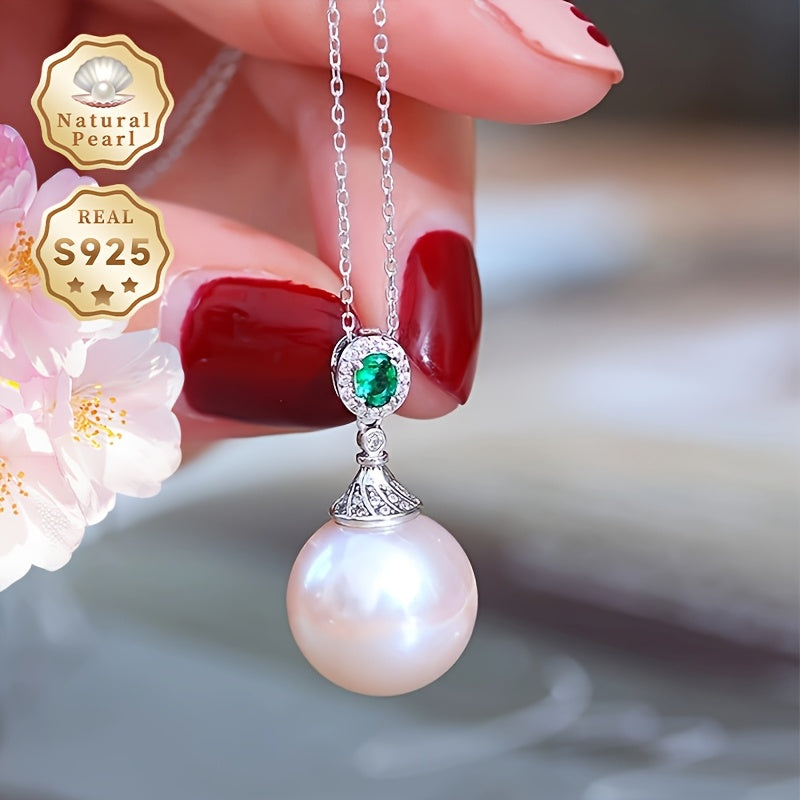 Silver Pendant Necklace with Natural Freshwater Pearl 13-14mm Jewelry Gift Box