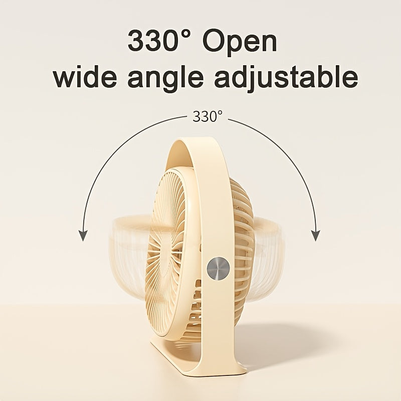 Desktop Fan with LED Light, 5-Speed, 360° Rotatable, USB Rechargeable, Portable