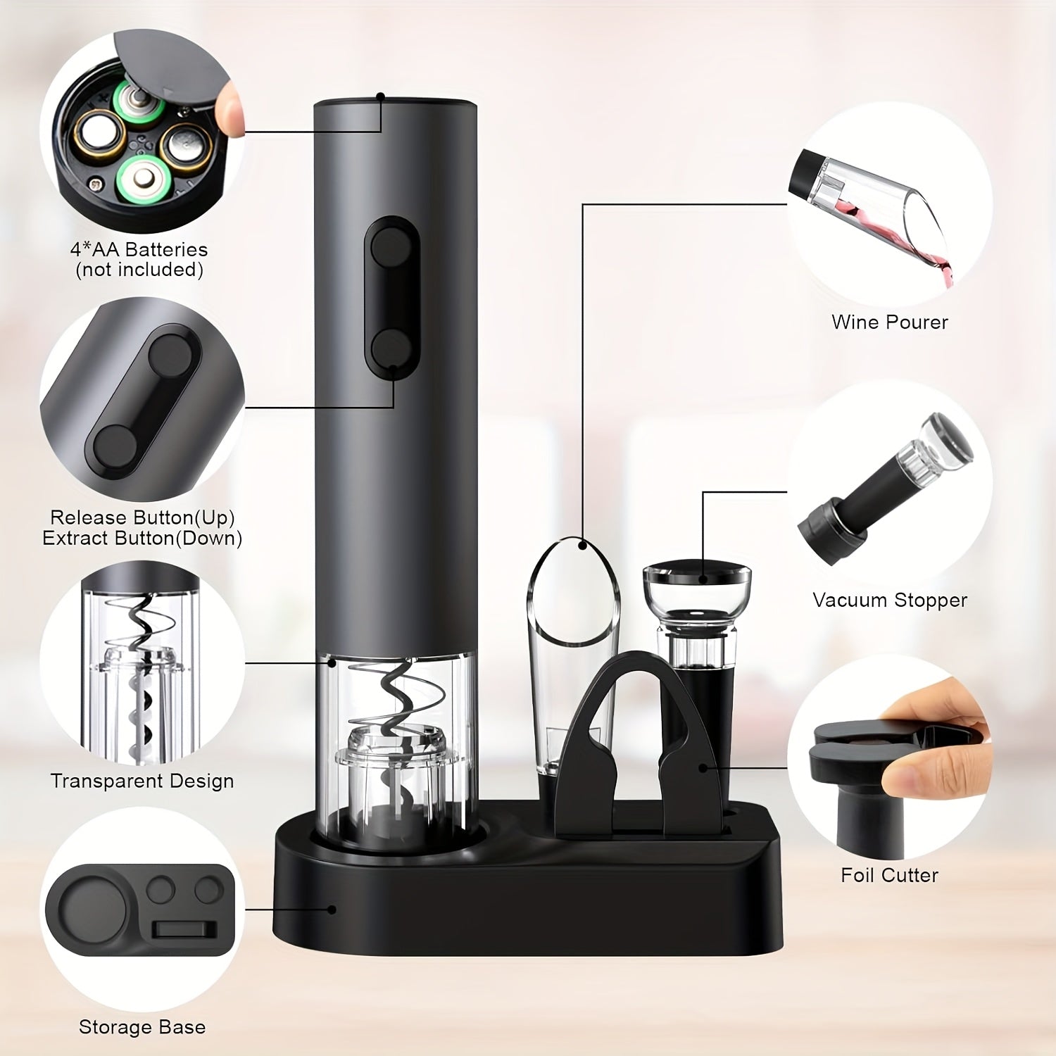 Uy uchun va bayramlar uchun vino aksessuarlar to'plami: folga kesuvchi, vakuum saqlovchi, quyish moslamasi va aerator