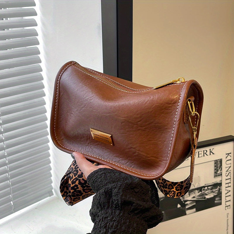 Women's Shoulder Bag with Adjustable Leopard Print Strap Zipper Closure Edge Paint Detail