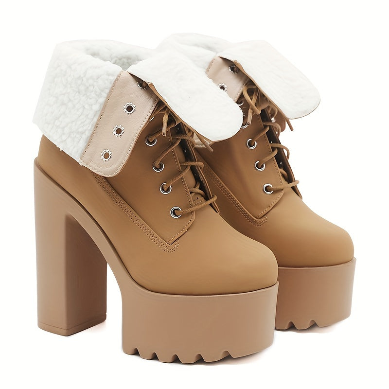 Женские ботинки на платформе до середины икры с блоковым каблуком, шнуровка, зимняя повседневная обувь