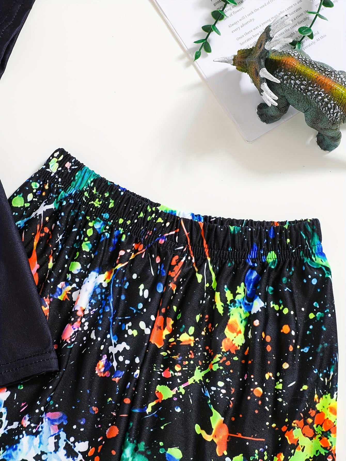 Boys' Summer T-Rex Print Short Sleeve T-Shirt and Shorts Set Lightweight Comfortable Kids Clothing