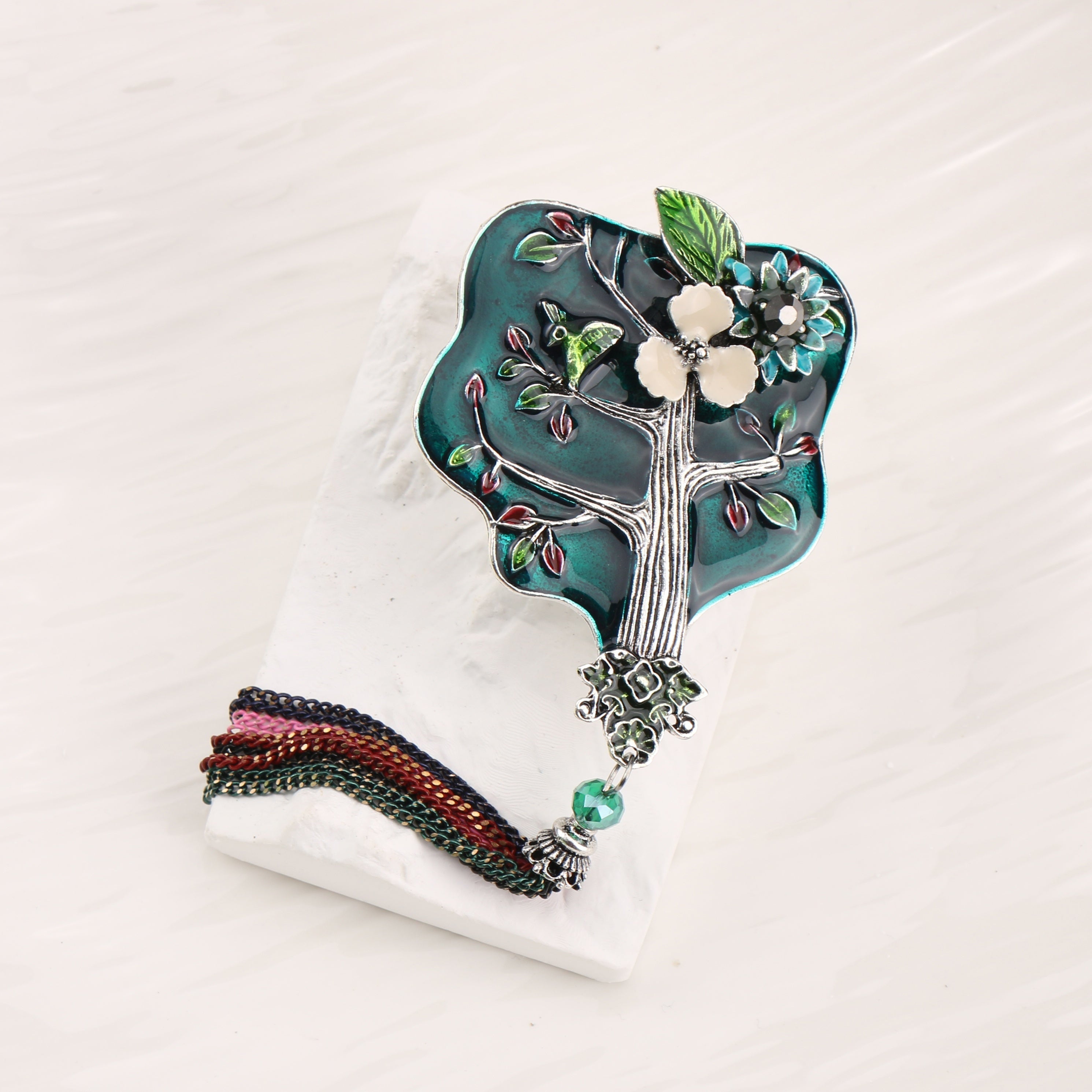 Vintage Enamel Tree Brooch with Tassel for Women Jewelry Gift Accessory