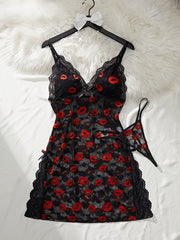 Women's Valentine’s Day Lip Print Suspender Dress Set Red Size S