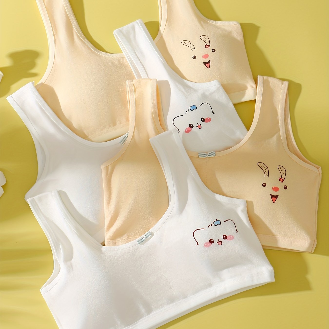 Girls Cotton Bras Pack of 4 Solid Color Cotton Bras for Girls Aged 7-13 with Animal Illustrations Stretchy and Machine Washable
