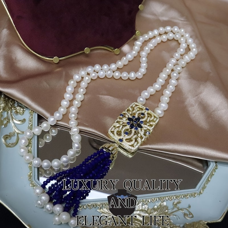 Vintage uslubidagi shirin suv marvaridli sviter bilaguzuk, Chexiya kristall tassellari bilan bezatilgan - har qanday tadbir uchun nafis va ko'p qirrali, sovg'a qutisi bilan birga mukammal sovg'a.