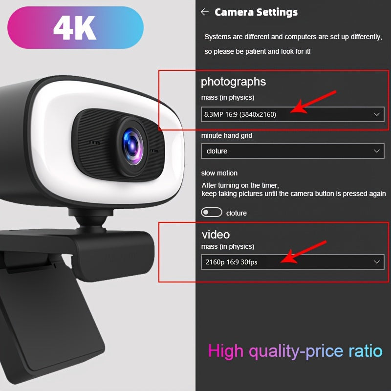 4K Ultra HD Webcam with Auto Focus Built-in Microphone and 360° Rotating Base