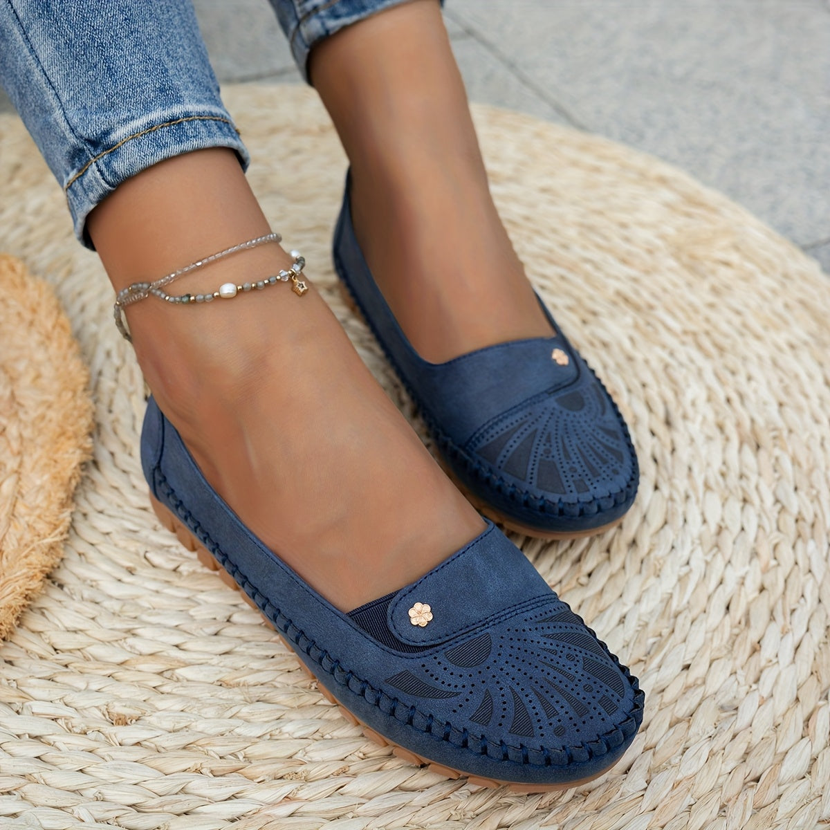 Ayollar uchun vintage gul naqshli lenta bilan yopiladigan kundalik qulay barcha mavsum poyabzali