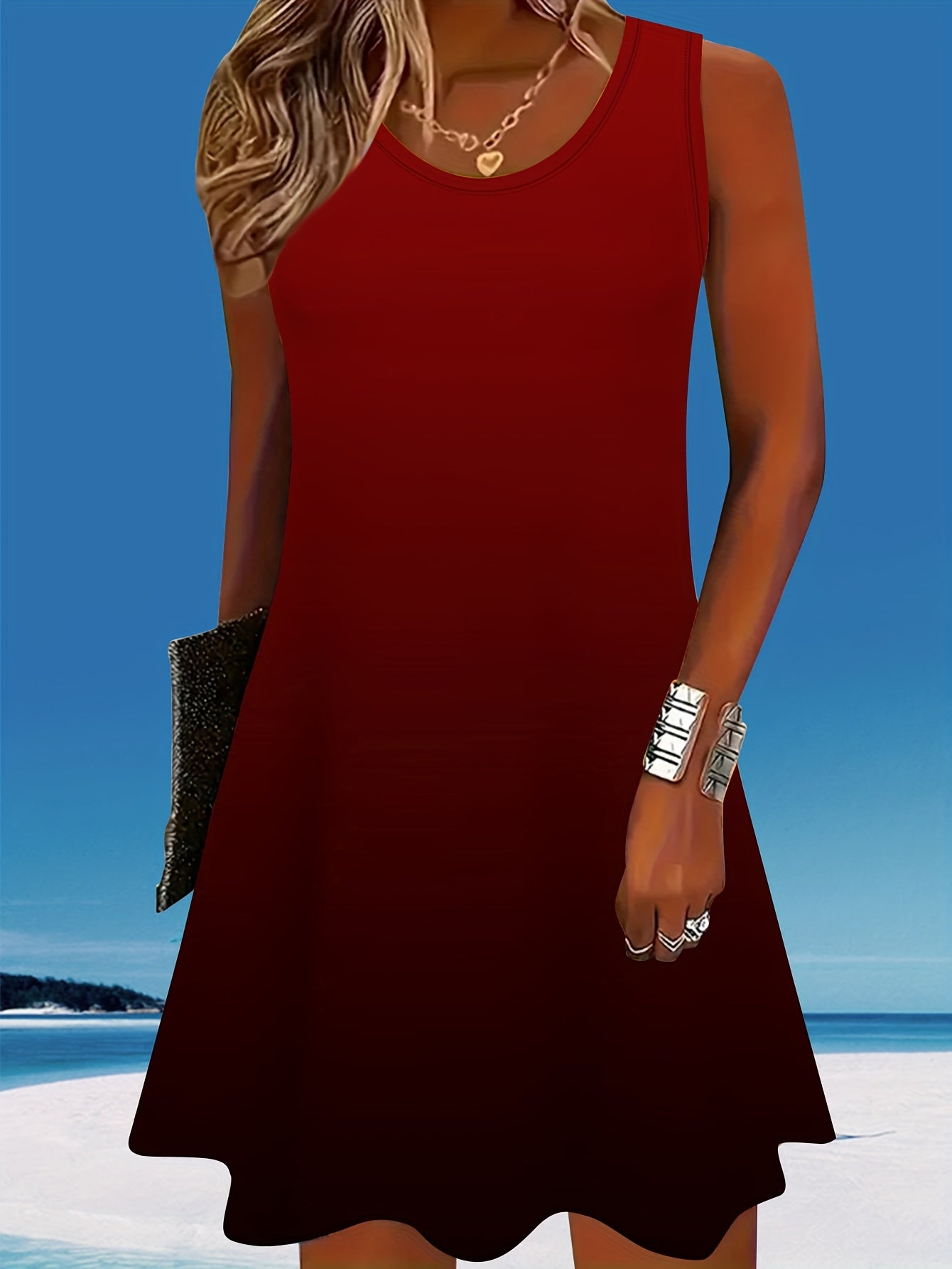 Plus Size Women's Burgundy Sleeveless Dress Stretchy Polyester Spandex Midi Casual