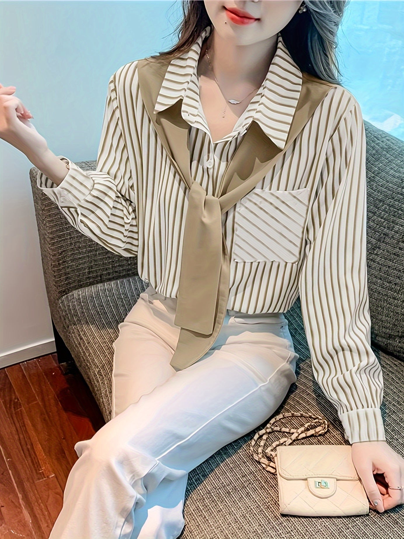 Elegant Striped Polyester Shirt for Adults with Square Neck Long Sleeves Spring Fall