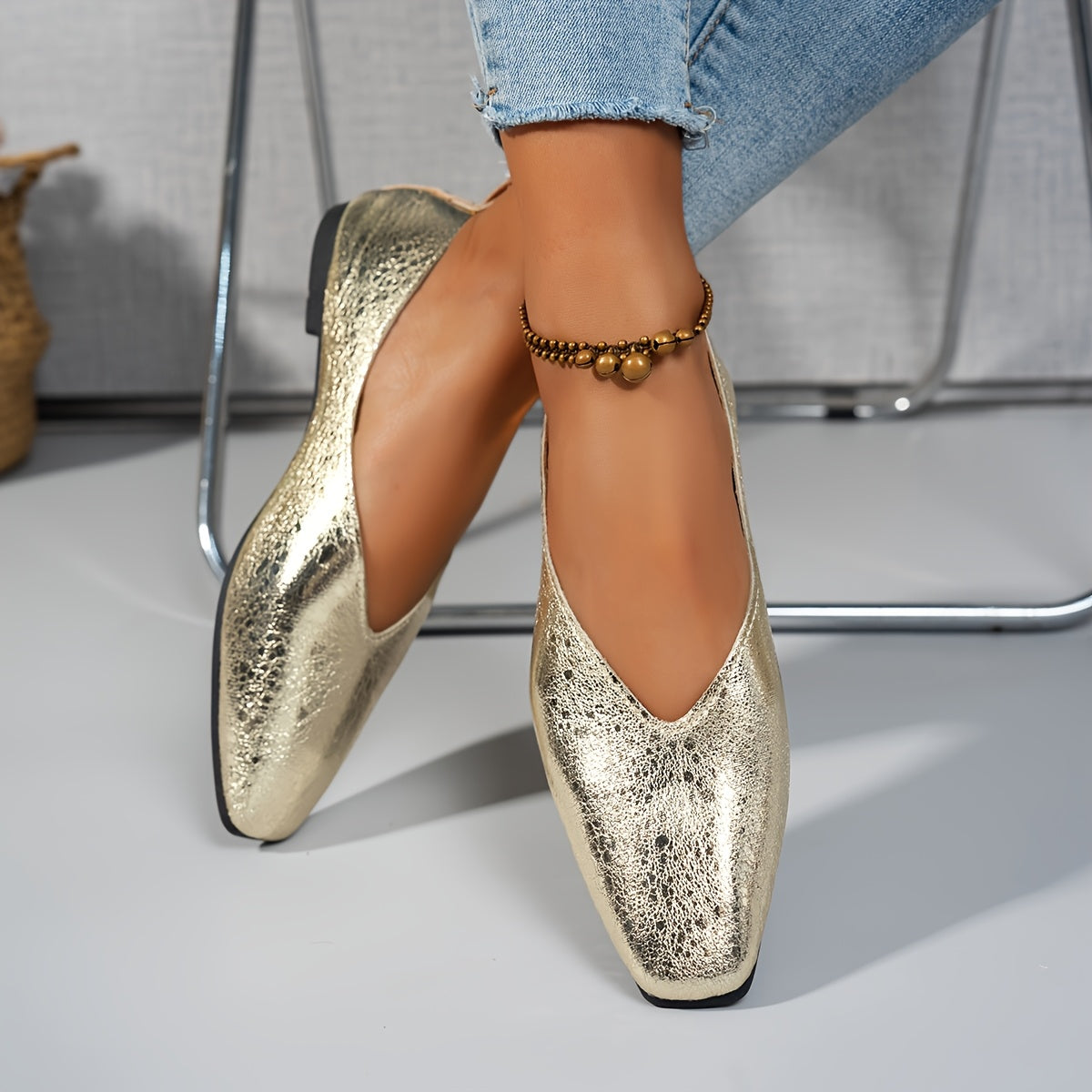 Women's Square Toe Flat Shoes Leather Low Heel Comfortable Work Shoes