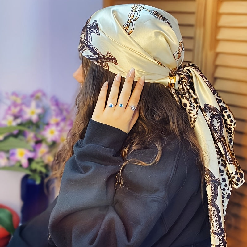 Leopard Print Satin Square Scarf 89.92cm Boho Headscarf Sun Protection