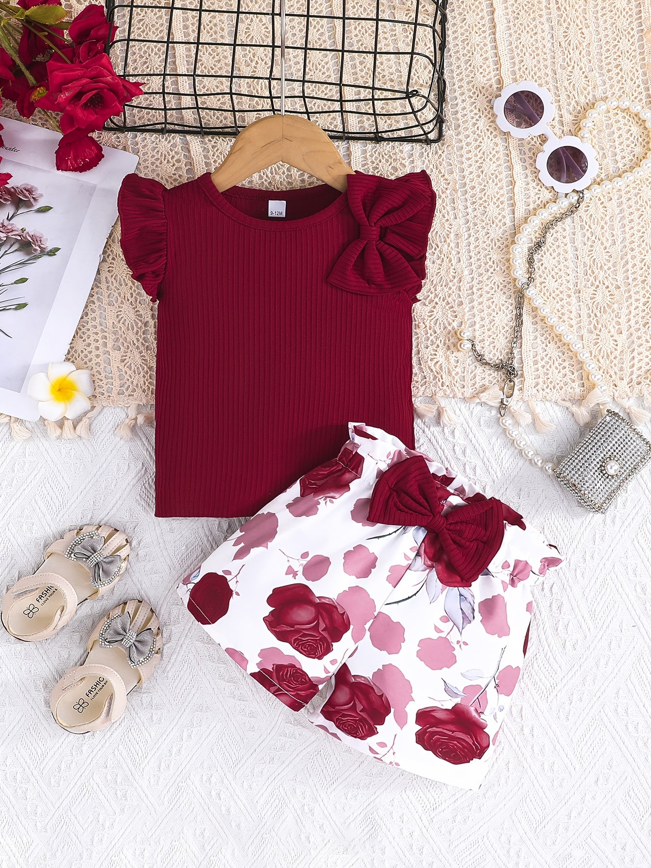 Girls Summer Outfit Maroon Ribbed T-Shirt with Bow Floral Print Shorts Set Easy-Care Polyester
