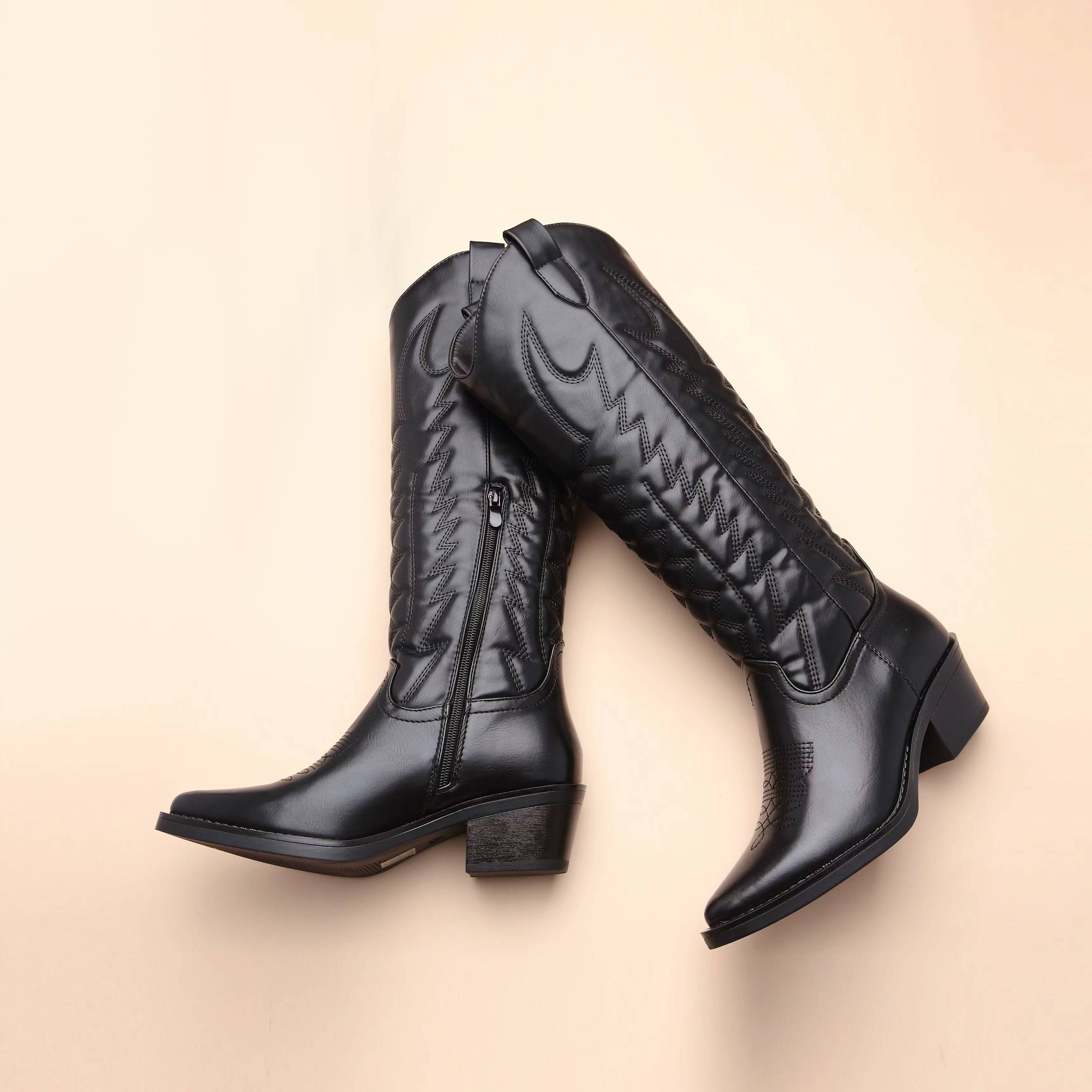Women's Black Western Cowboy Boots Pointed Toe Chunky Heel Zipper