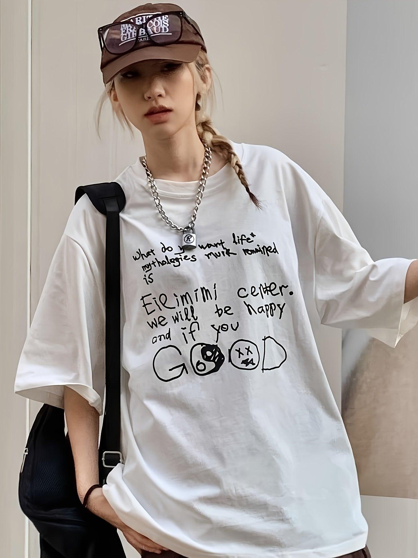 Women Oversized Cotton Graphic T-Shirt Short Sleeve White Casual Spring Summer