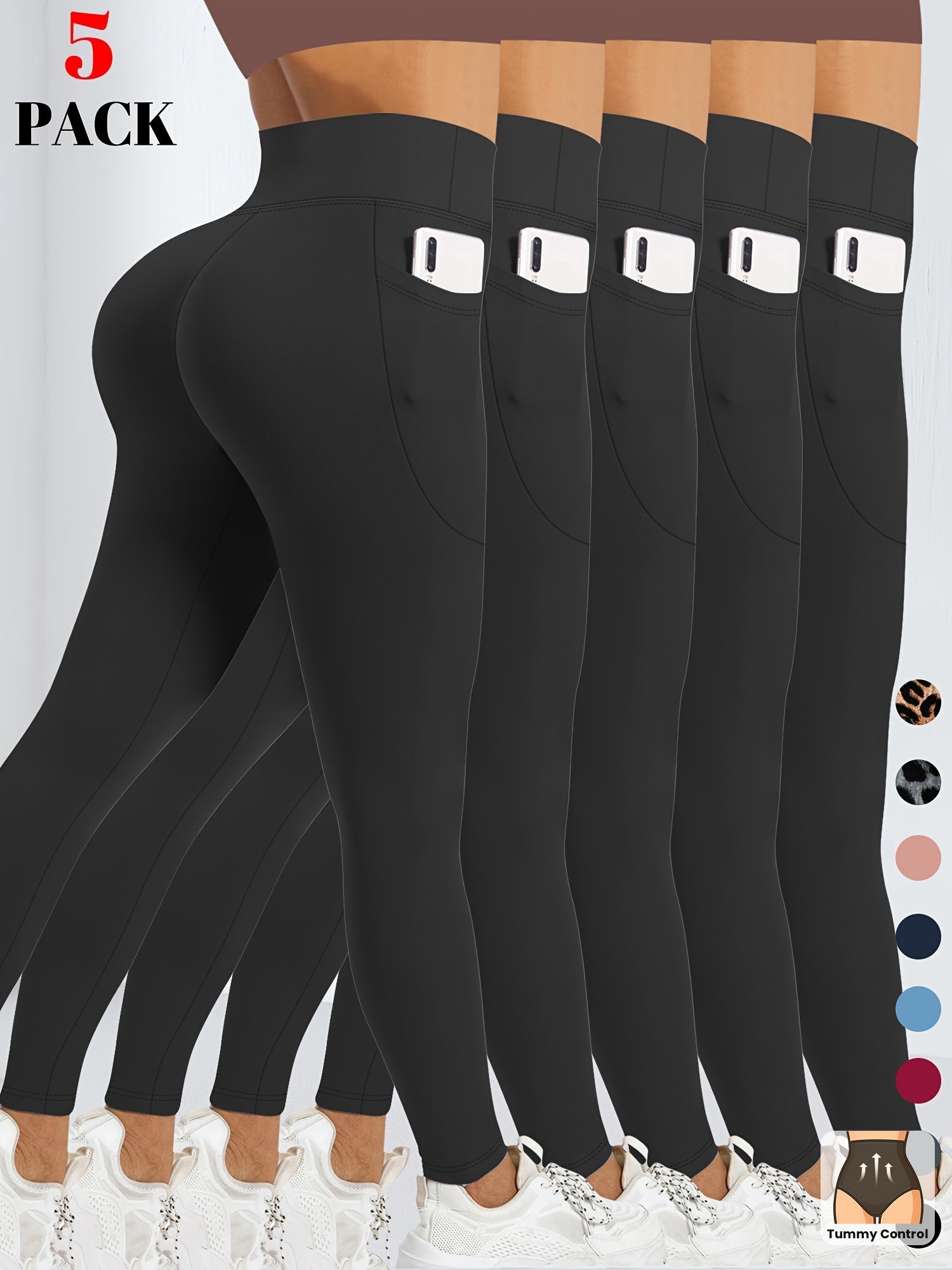 Leggings de yoga de cintura alta para mujer con control de abdomen y bolsillos negro rojo azul rosa