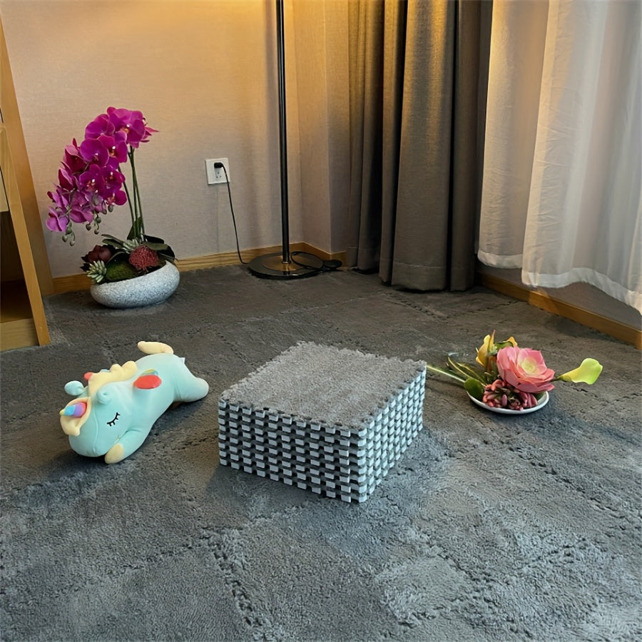 Set of 24 Interlocking Plush Carpet Tiles 29.97cm Soft Washable Floor Mats