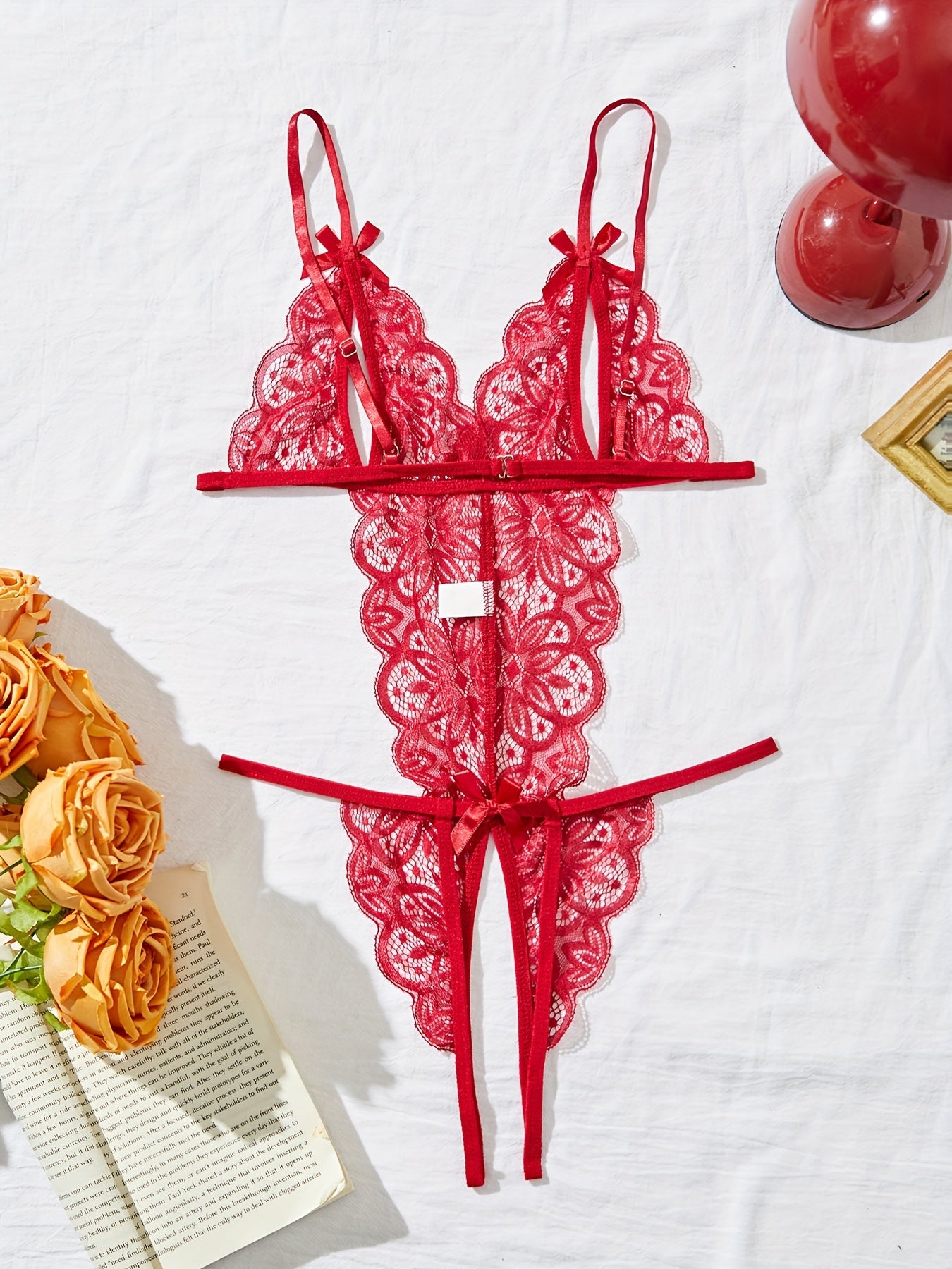 Women's Lace Teddy Bodysuit with Deep V Neckline and Contrast Lace Details