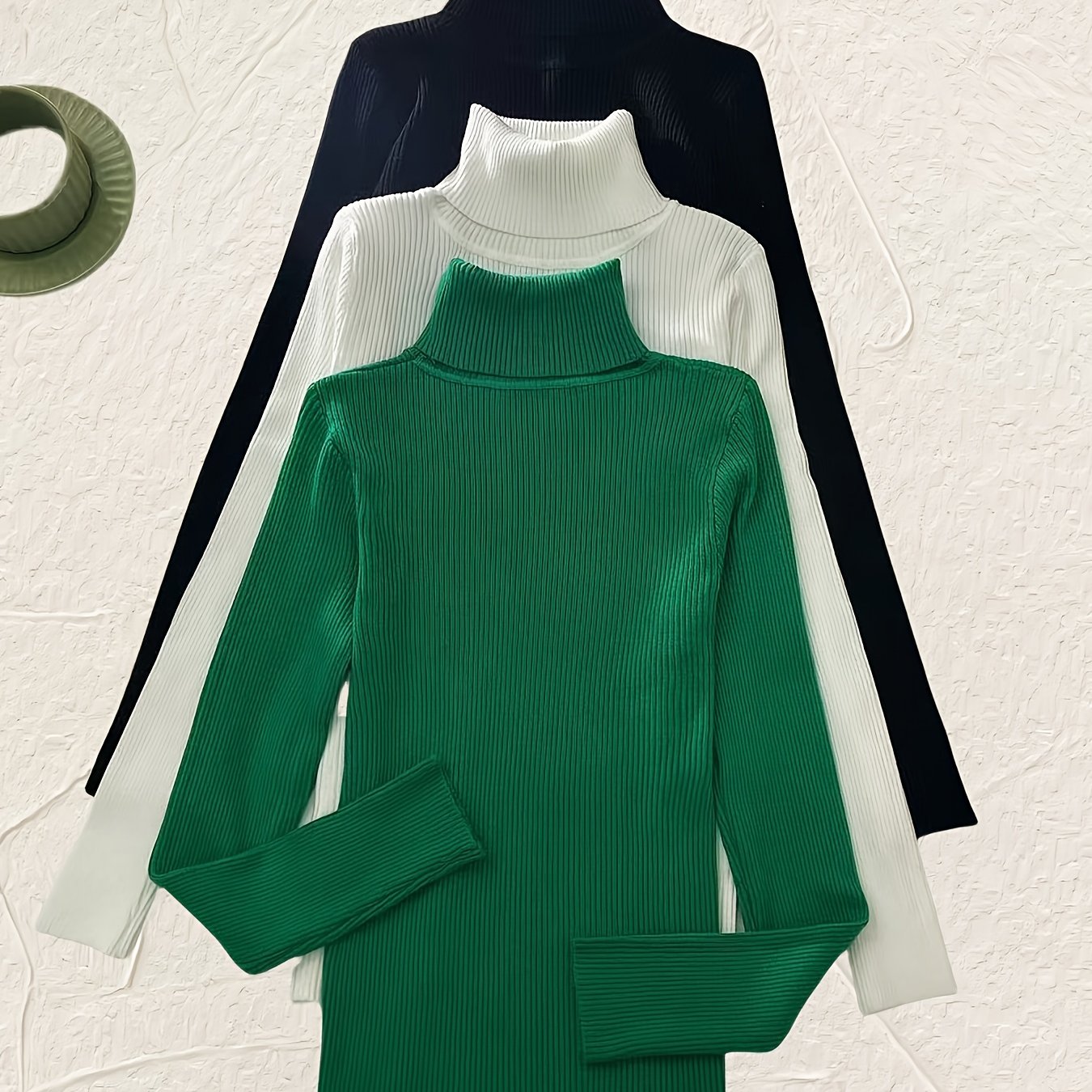 Conjunto de 3 suéteres de cuello alto de punto en color sólido para mujer otoño e invierno