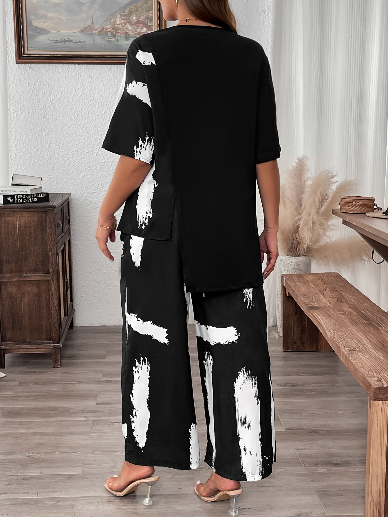 Plus Size Women's Woven Polyester Suit with Random Print and Asymmetrical Details