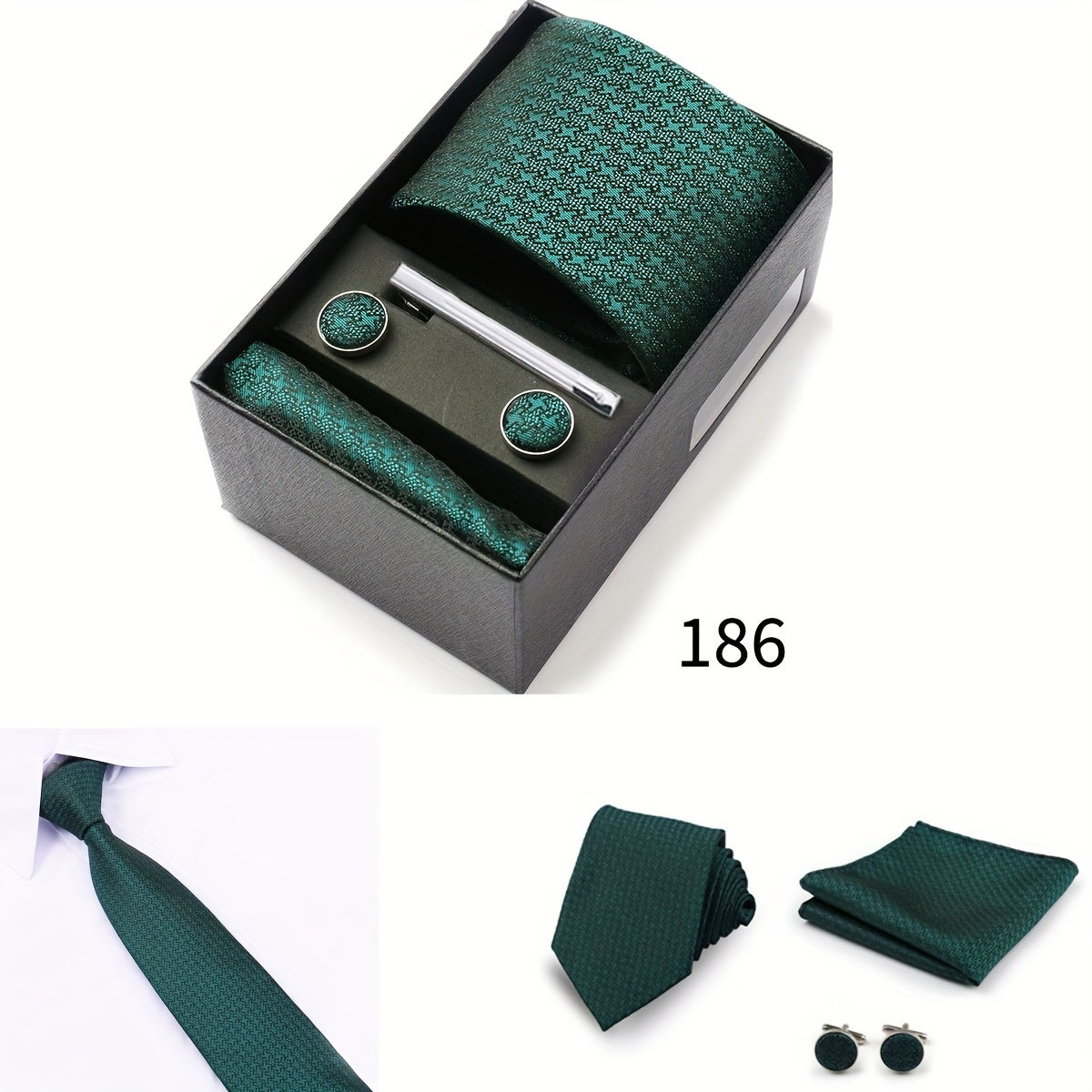 Men's Gift Set with Tie, Pocket Square, Tie Clip and Cufflinks for Weddings