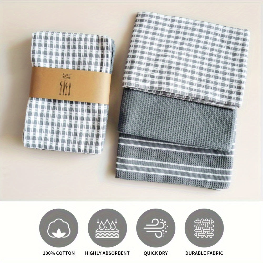 Set of 3 Grey Waffle Weave Kitchen Towels 45x65 cm for Drying Dishes and Hands