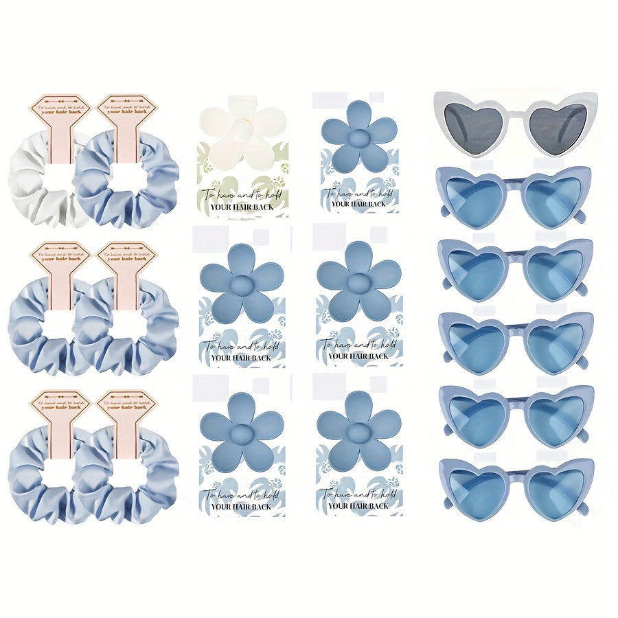 Set of 18 Bridesmaid Hair Scrunchies and Flower Hair Claws with Heart Glasses Wedding Accessories
