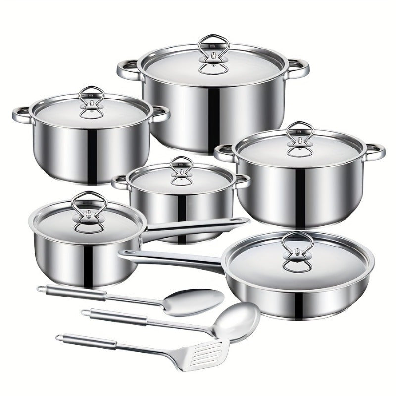 Stainless Steel Cookware Set 15 Pieces with Frying Pans and Sauce Pans for Kitchen and Restaurant