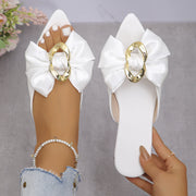 Women's Slip-On Flat Sandals White Bow Gold Buckle Summer Casual Shoes