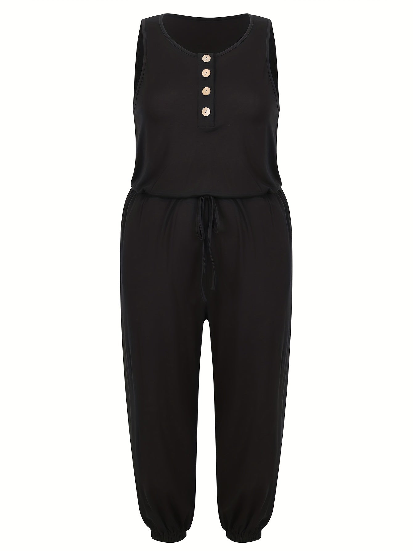 Plus Size Women's Black Casual Jumpsuit - Elastic Waist, Sleeveless, Wide-Leg