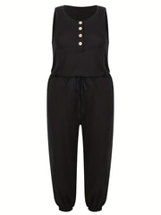 Plus Size Women's Black Casual Jumpsuit - Elastic Waist, Sleeveless, Wide-Leg