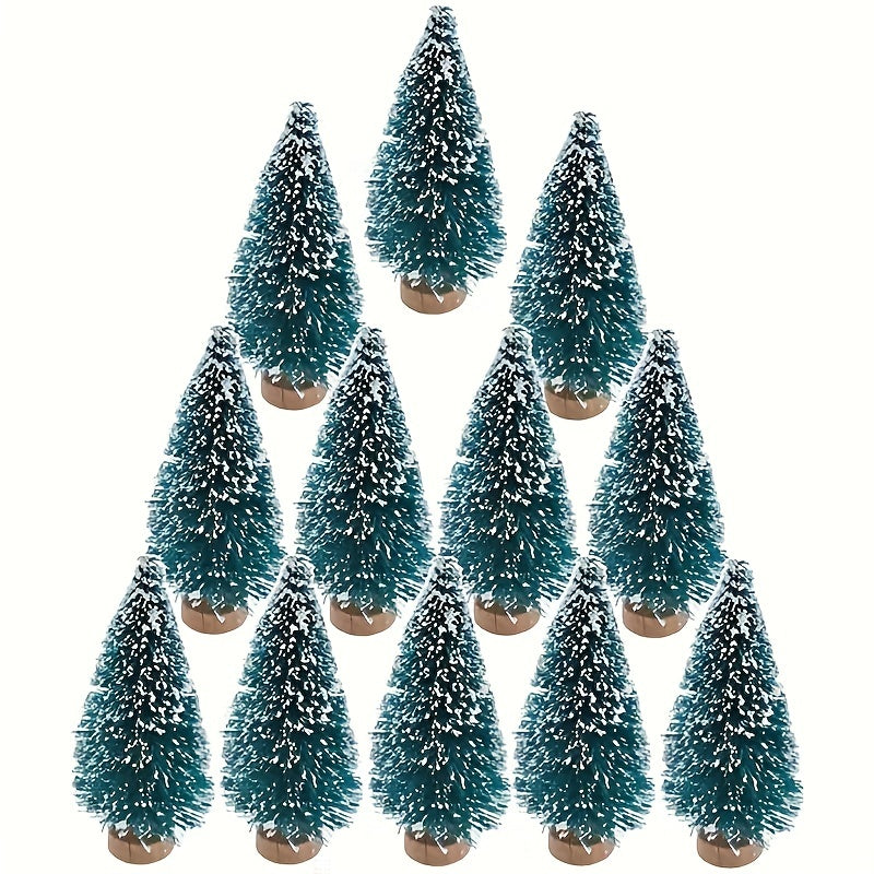 12 Mini Christmas Snow Frost Trees with Wooden Bottle Brush Base for Holiday Decor