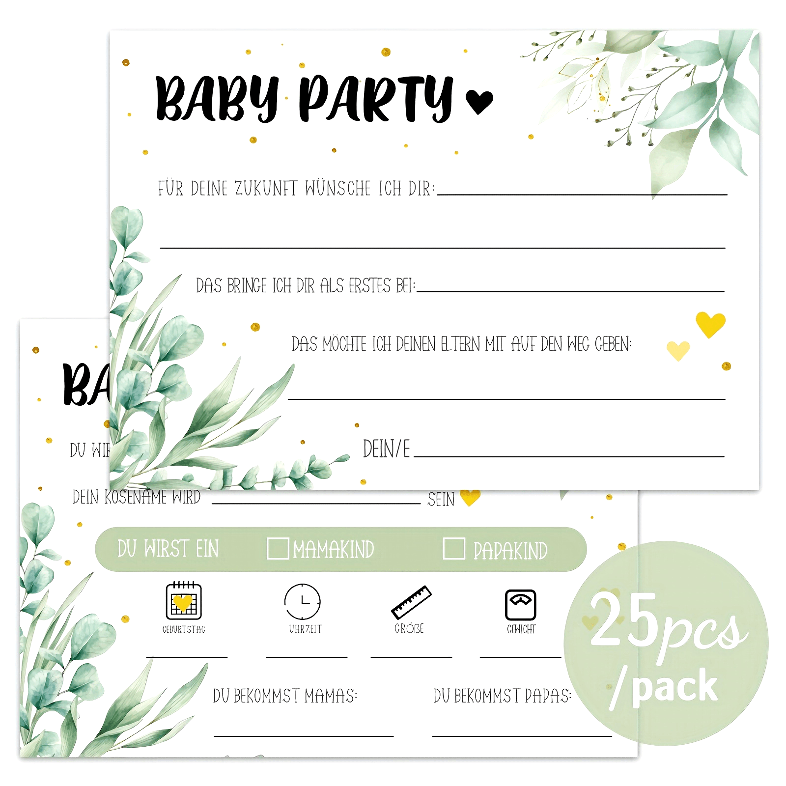 Kids Party Game Cards 25 Double-Sided Eucalyptus Gold Decoration