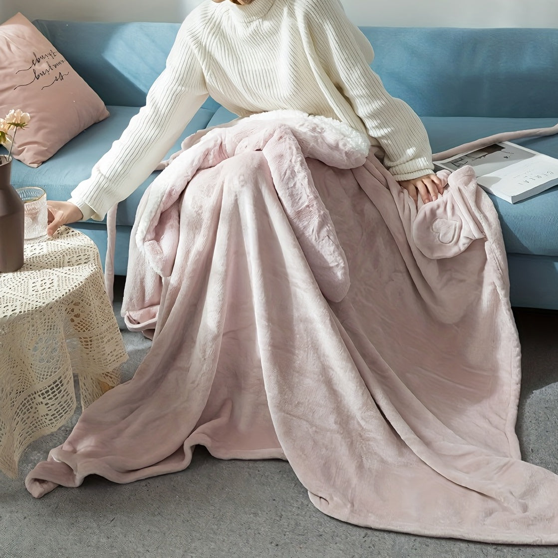 Rabbit Ears Blanket Hoodie Flannel Fleece Wearable Shawl for Sofa TV Office