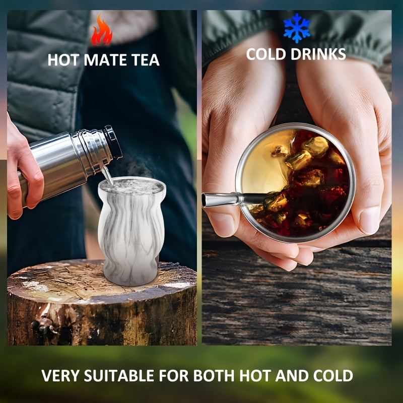 Set of 3 Stainless Steel Double-Walled Yerba Mate Cups with Straws 8oz Pink Marble