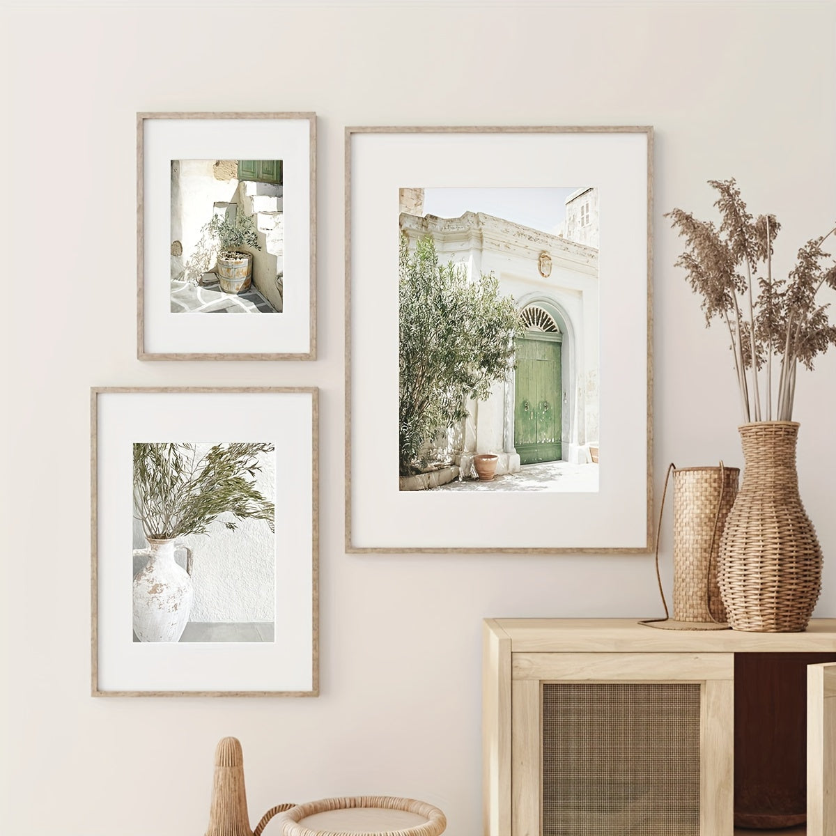 3 zaytun daraxti manzarali san'at nashrlari zamonaviy rustik devor bezaklari uchun, bahor/yoz bargi naqshi bilan. Yashash xonasi, yotoqxona yoki ovqatlanish joyi uchun ideal. Ramkasiz, portret yo'nalishi.