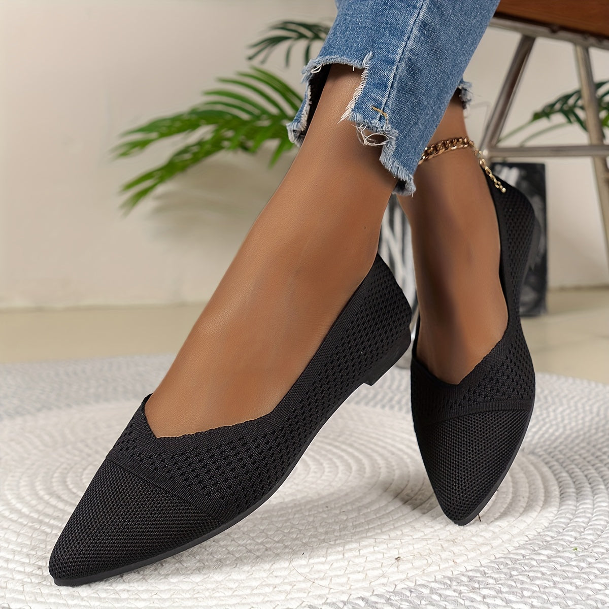 Women's Flat Knit Shoes Casual Pointed Toe Breathable Slip-On Ballet