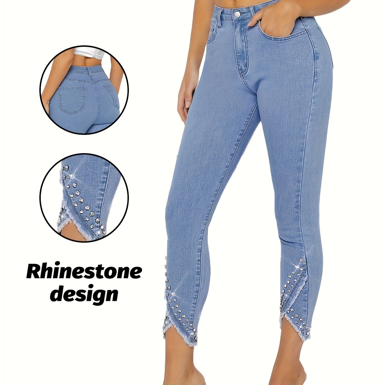 Pantalones ajustados de talla grande para mujer con dobladillo de diamantes