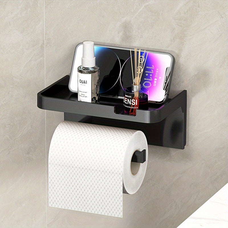 Wall-Mounted Bathroom Toilet Paper Holder with Shelves Matte Black Resin No-Drill Installation