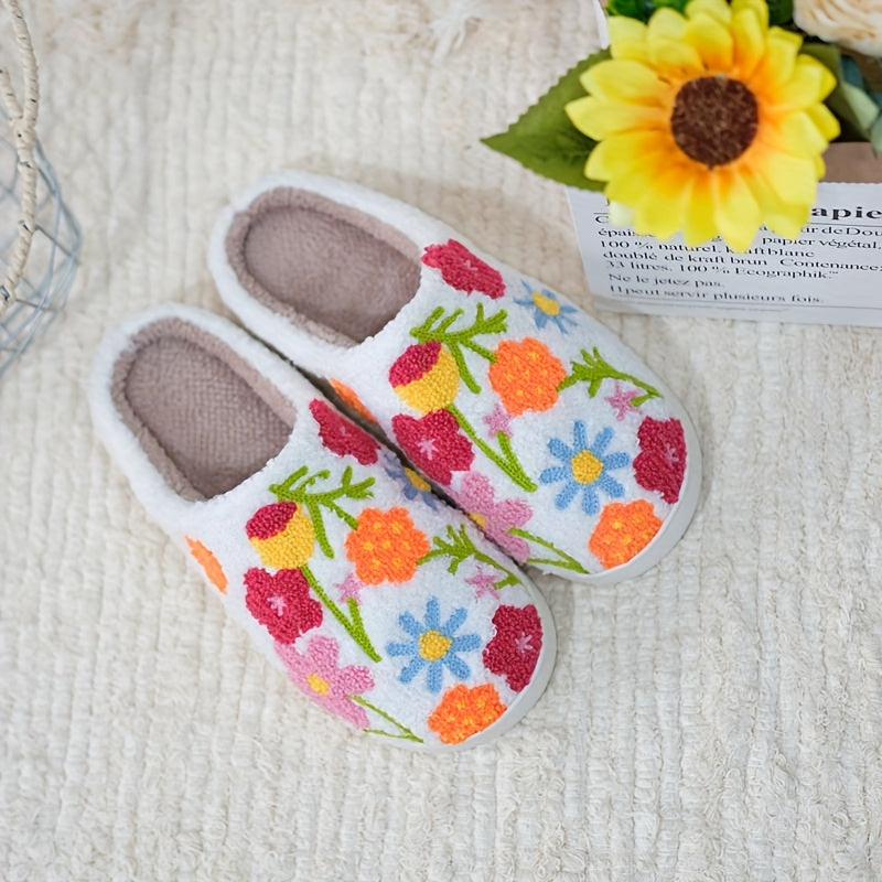 Unisex Plush Floral Indoor Slippers Warm Soft Winter TPR Sole
