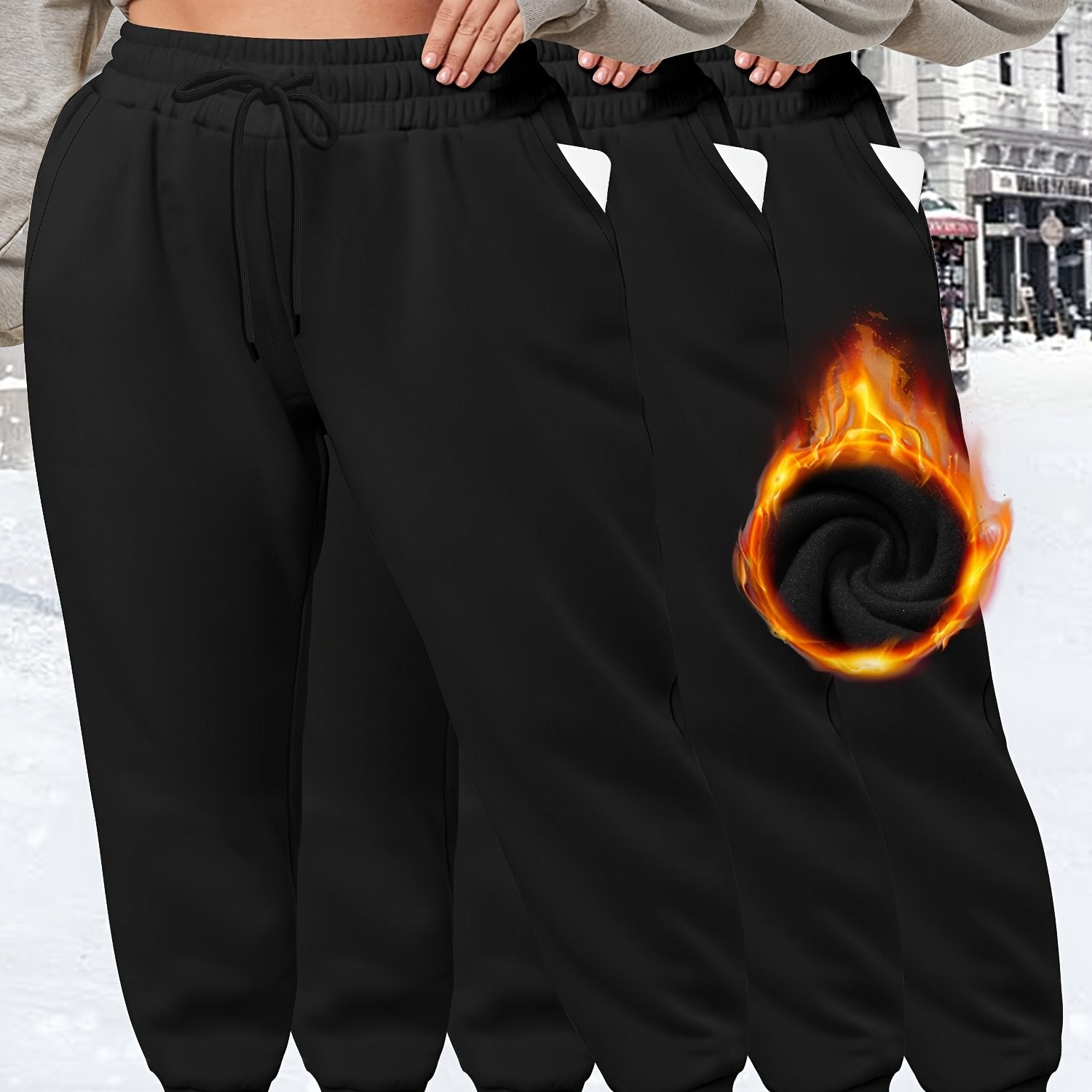 Plus Size Jogger Pants 3 Pack High Stretch Drawstring Waist Solid Cold Weather