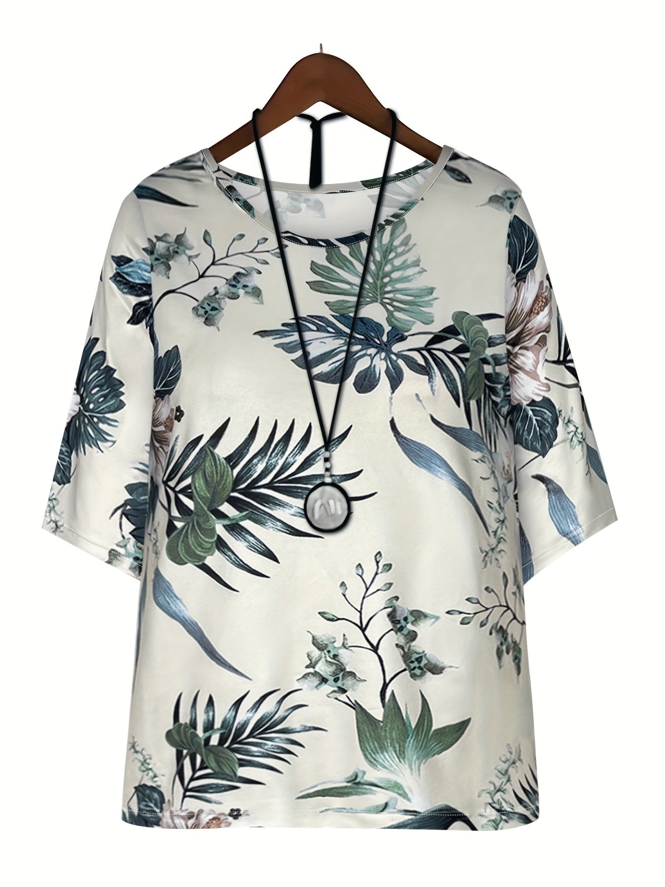 Conjunto de dos piezas con estampado floral para mujer con pantalones de pierna ancha y top de cuello redondo