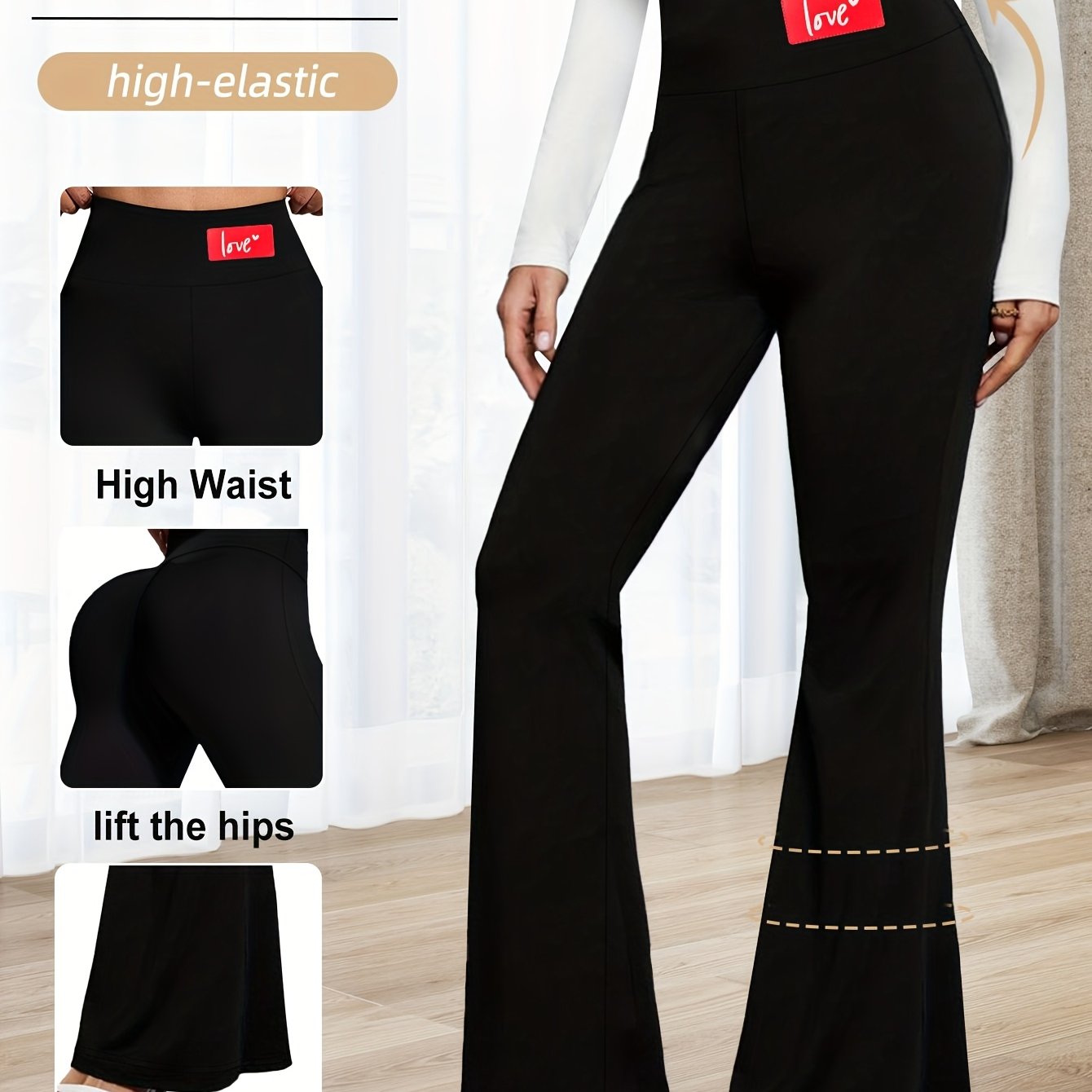 Ayollar uchun keng ochiladigan legginslar, yuqori bel, elastik bel, o'rta balandlik, qora