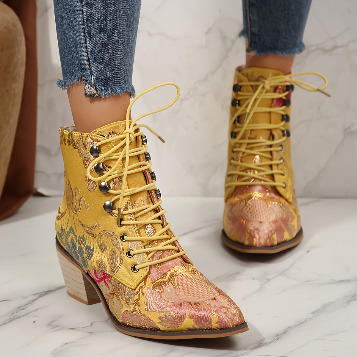 Women Lace-Up Ankle Booties with Floral Embroidery Pointed Toe High Heel
