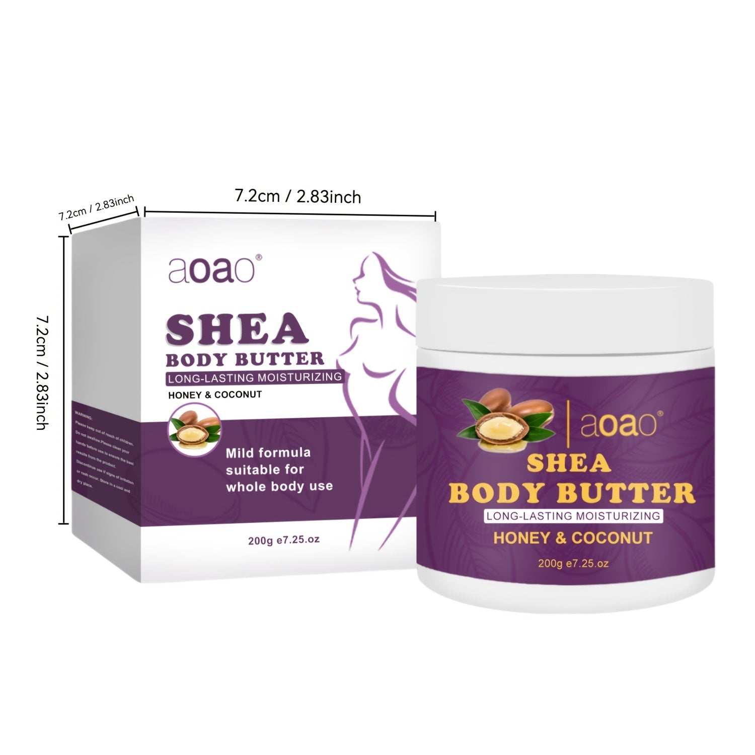 Aoao Shea Body Butter kokos yog'i va E vitamini bilan - Gipoallergen, barcha teri turlari uchun namlovchi krem, silliq va porloq teri uchun tabiiy ingredientlar