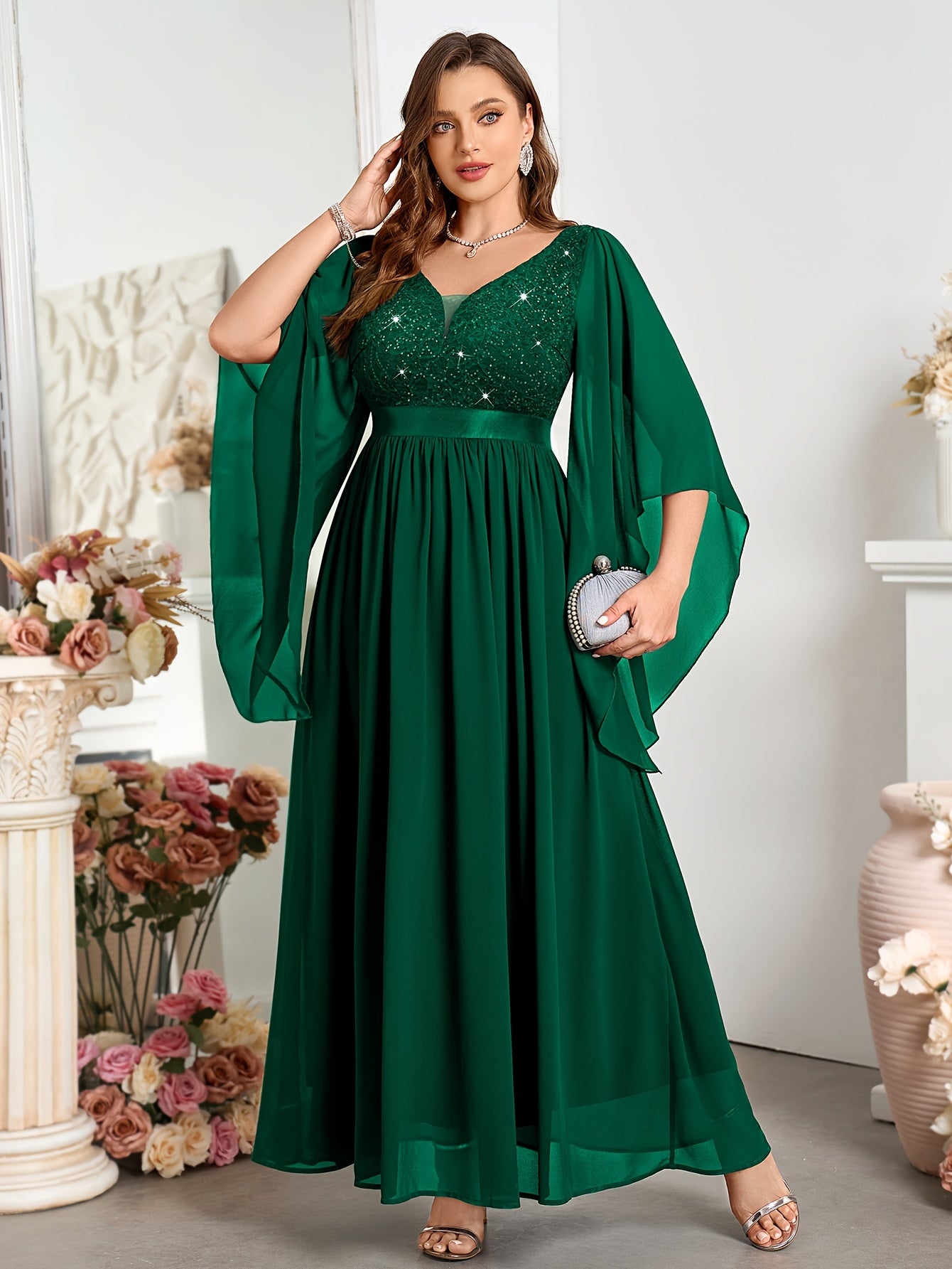 Plus Size Women's Chiffon Lace Dress Deep V-Neck Ruffle Sleeves Wedding