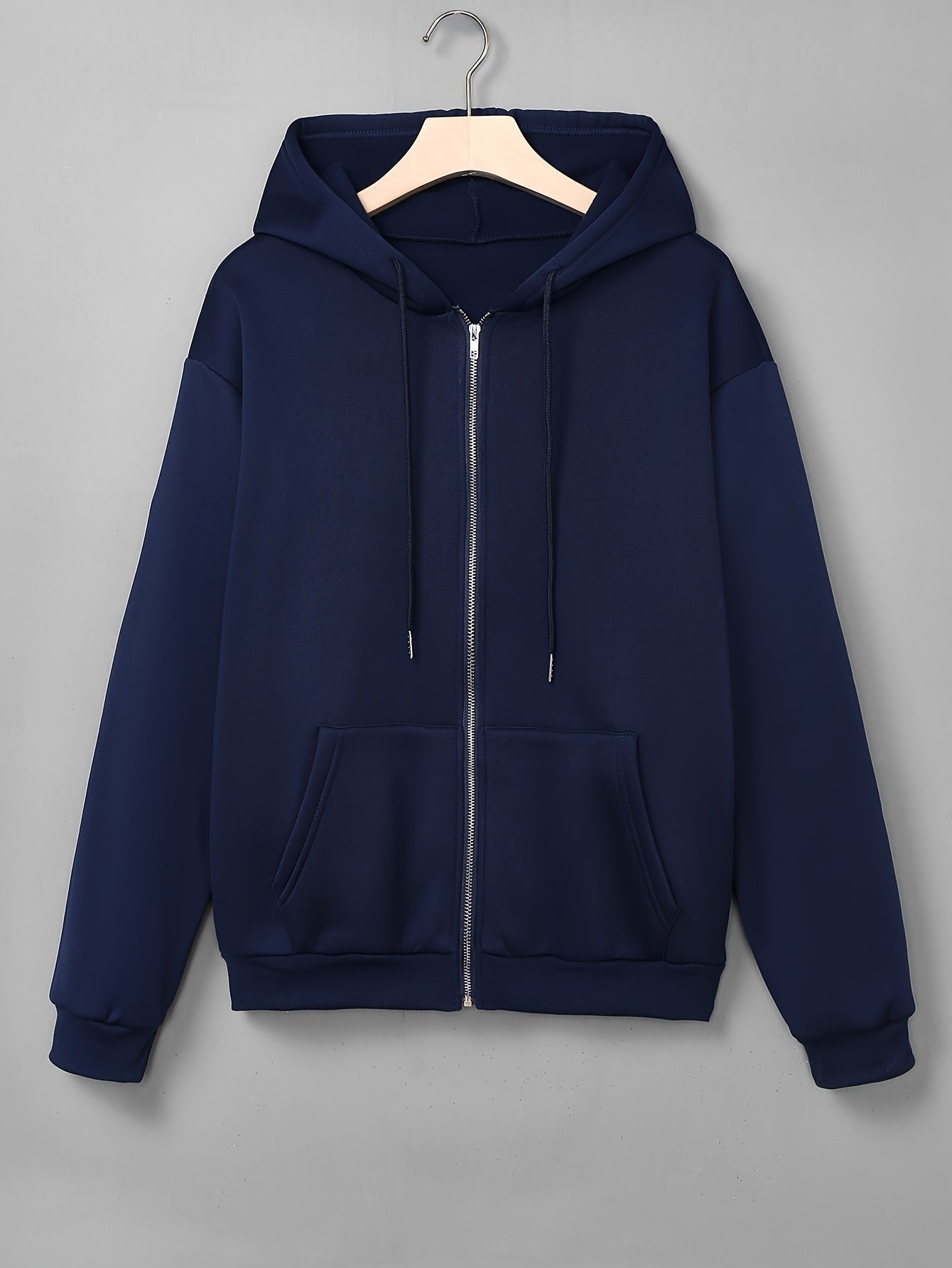 Women's Navy Blue Zip-Up Hoodie with Drawstring Pockets and Long Sleeves